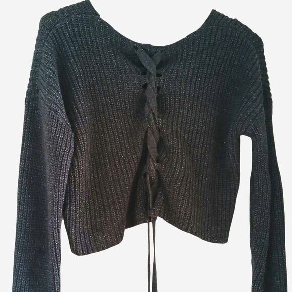 Forever 21 Women's Crop Top Lace-Up Back Sweater Black/Grey Knit Long Sleeves SM - Picture 3 of 10